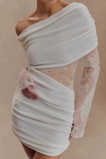 sexy slight stretch see-through lace knit patchwork slim-fit pleated mini dress