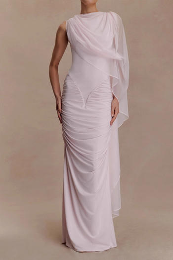 sexy slight stretch pleated shawl mesh slim maxi dress