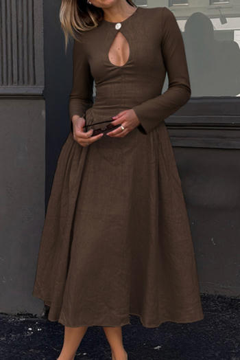 casual non-stretch solid color hollow pleated midi dress