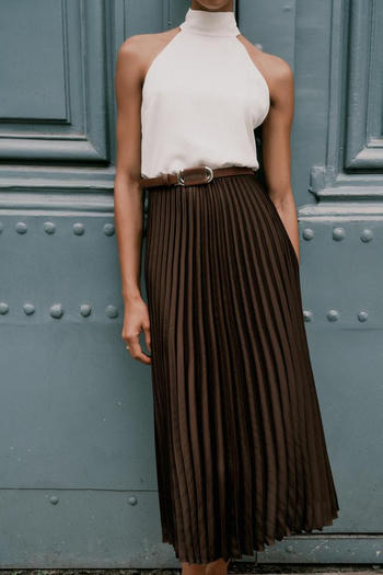 casual non-stretch halter-neck contrast color with belt midi dress