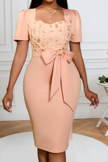 elegant plus size slight stretch sequin 3d flower square collar midi dress