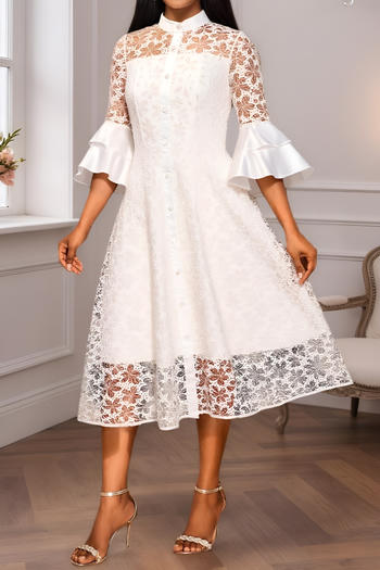 elegant plus size slight stretch see through mesh bell-sleeve midi dress