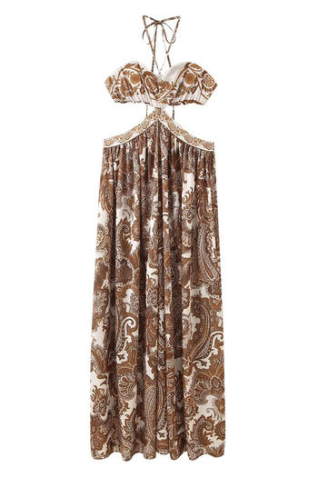 sexy non-stretch halter-neck batch printing hollow maxi dress