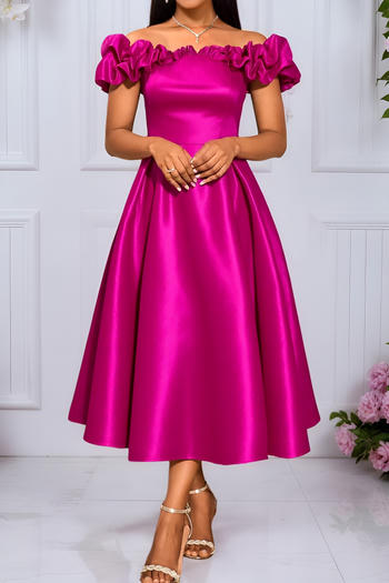 elegant plus size slight stretch pure colour off shoulder ruffle midi dress