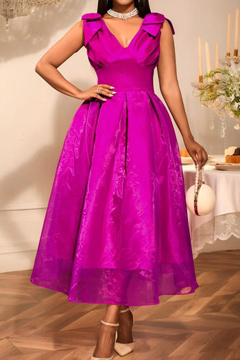 elegant plus size slight stretch pure color v-neck bow with lined midi dress