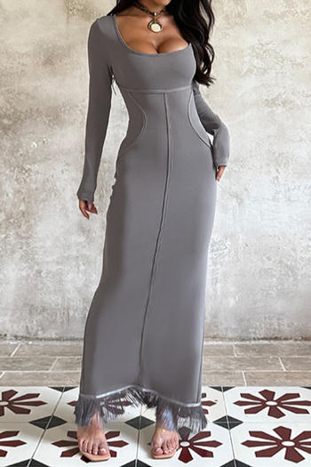 casual slight stretch solid color slim fit slit tassel decor maxi dress