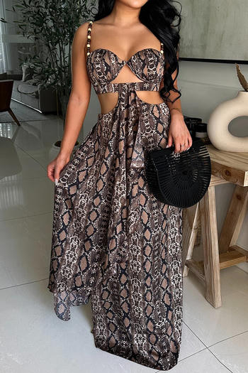 sexy plus size slight stretch beaded sling hollow snake print maxi dress