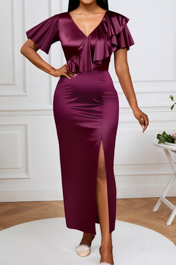 elegant plus size slight stretch v-neck ruffle high slit midi dress
