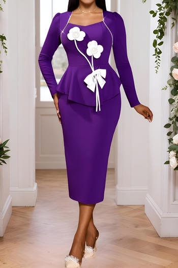 elegant plus size stretch color-block 3d flower decor square collar midi dress