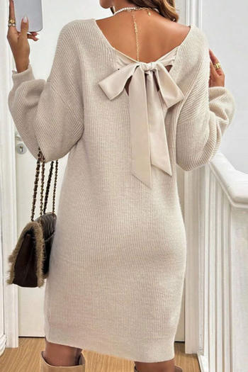 casual slight stretch knitted v-neck bow long sleeve sweater mini dress
