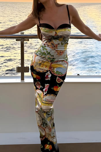 stylish slight stretch graphic printing backless sling maxi dress