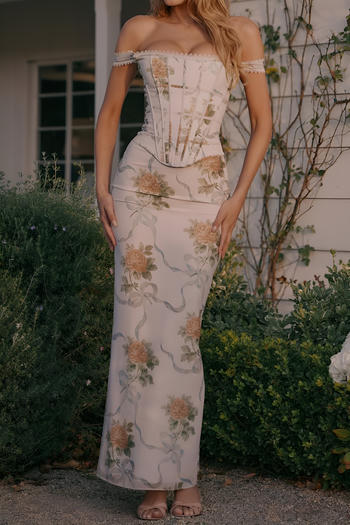 xs-l sexy slight stretch floral printing off shoulder with boned maxi dress