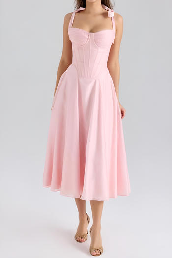 xs-l stylish slight stretch pure colour tie -shoulder with boned midi dress