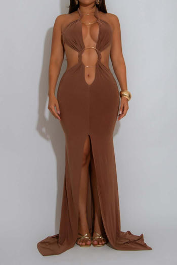 sexy plus size slight stretch halter neck deep v large backless slit maxi dress