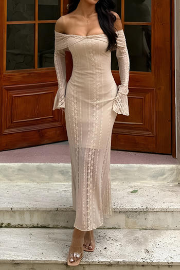 casual slight stretch solid color slim off-shoulder jacquard maxi dress