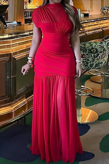 casual slight stretch mesh patchwork shirring slim maxi dress