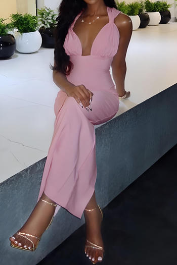 casual slight stretch solid color slim fit pleated v-neck slit maxi dress