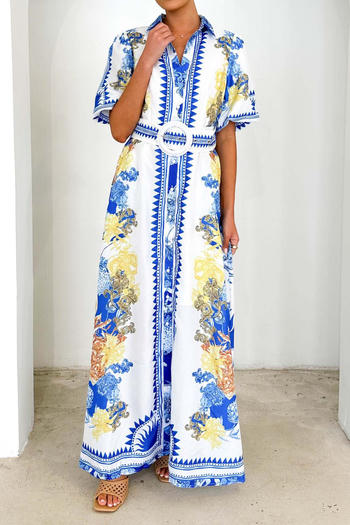 casual non-stretch batch printing short-sleeved slit maxi dress with belt