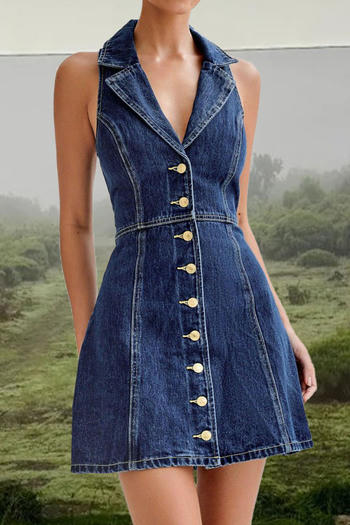 casual non-stretch solid color sleeveless single-breasted denim mini dress