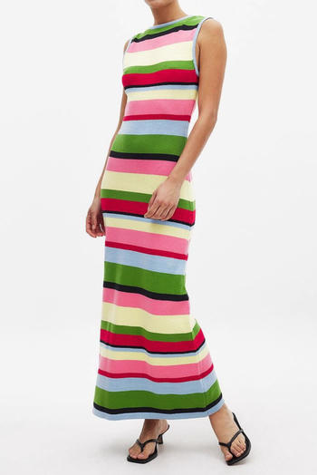 casual slight stretch knitted multicolor striped slim sleeveless maxi dress
