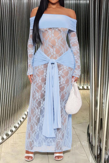 sexy plus size slight stretch off-shoulder see-through lace stitching maxi dress