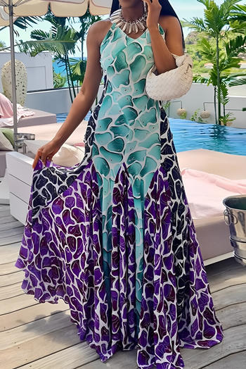 casual slight stretch sling contrast color print loose maxi dress