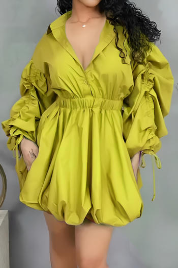 casual plus size non-stretch solid color drawstring pleated mini dress