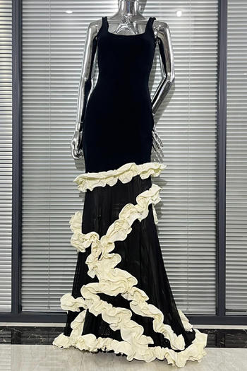 elegant slight stretch slim mesh patchwork stringy selvedge maxi dress