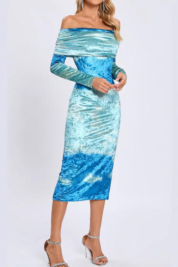 elegant stretch off-shoulder contrast color velvet midi dress size run small
