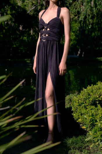 sexy stretch halter neck slim pleated hollow high slit maxi dress size run small