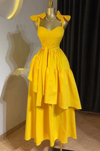 casual plus size non-stretch solid color sling bow decor midi dress with belt