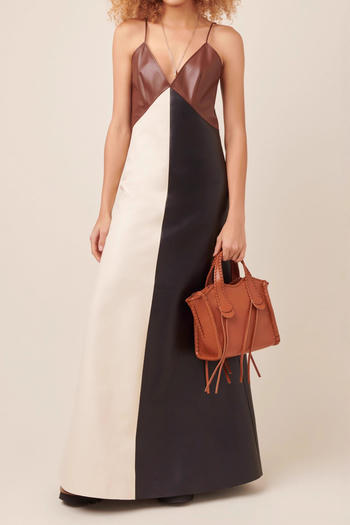 casual plus size non-stretch sling contrast color pu maxi dress