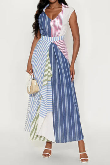 casual plus size non-stretch contrast color multicolor stripe maxi dress