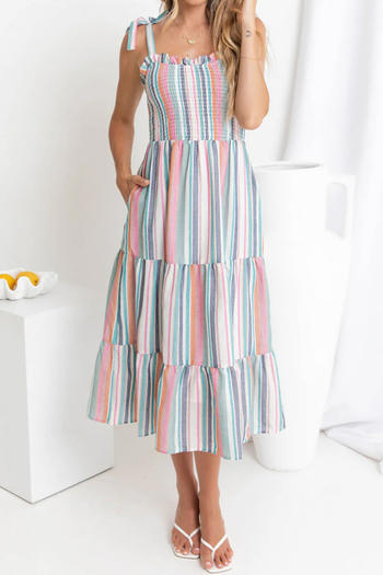 casual non-stretch multicolor stripe printing sling midi dress