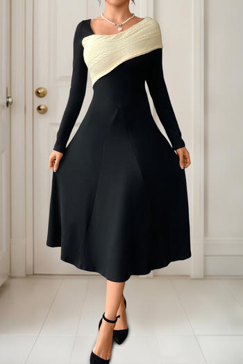 casual slight stretch contrast color v-neck midi dress