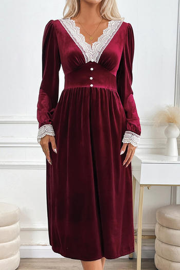 casual non-stretch velvet lace trim v-neck midi dress