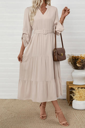 casual non-stretch v-neck solid color with belt adjustable sleeve midi dress