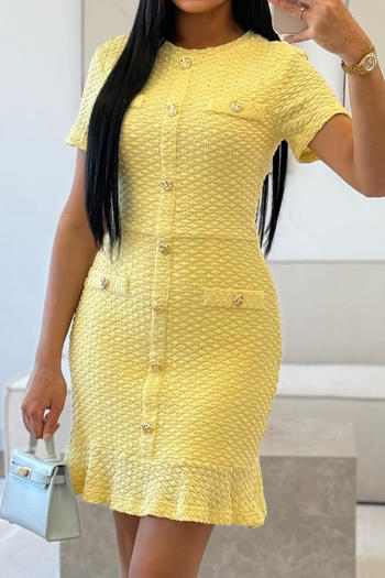 casual slight stretch 4 colors crew neck button mini dress