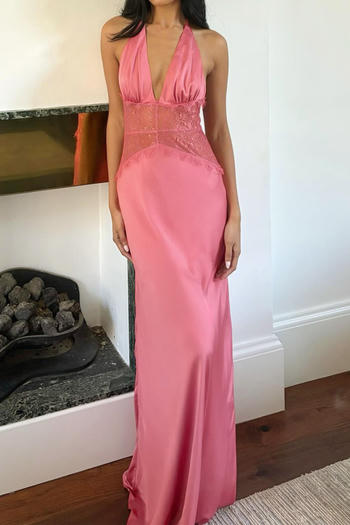 sexy non-stretch stitching lace halter-neck maxi dress