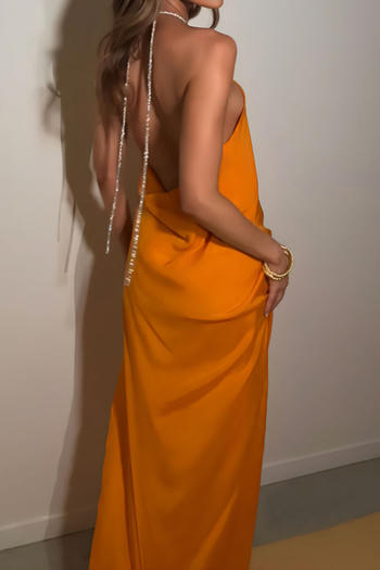 sexy non-stretch 3 colors sparkling halter-neck slit maxi dress