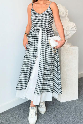 casual non-stretch contrast color lattice printing v-neck maxi dress