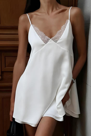 stylish slight stretch satin lace stitching backless sling mini dress