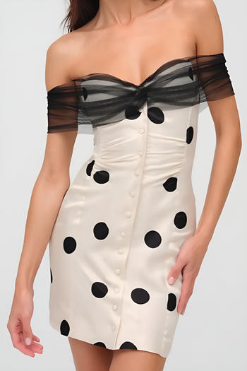 casual slight stretch dot printing off shoulder mini dress(size run small)