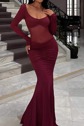 sexy slight stretch see-through mesh stitching pleated backless maxi dress