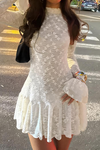 sexy slight stretch slim see-through lace long sleeves mini dress