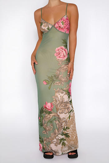casual slight stretch sling floral print slim fit maxi dress