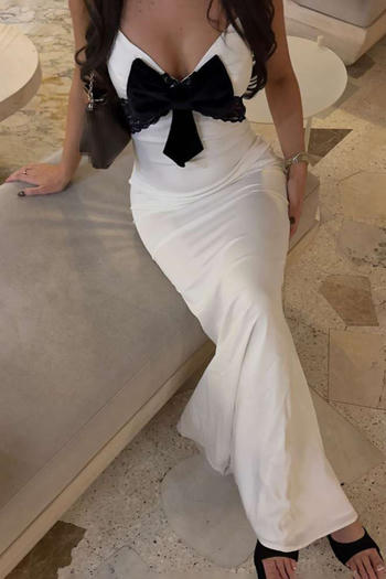 sexy slight stretch contrast color bow decor v-neck maxi dress