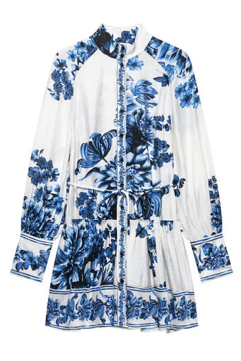 casual non-stretch flower printing crew neck with belt mini dress
