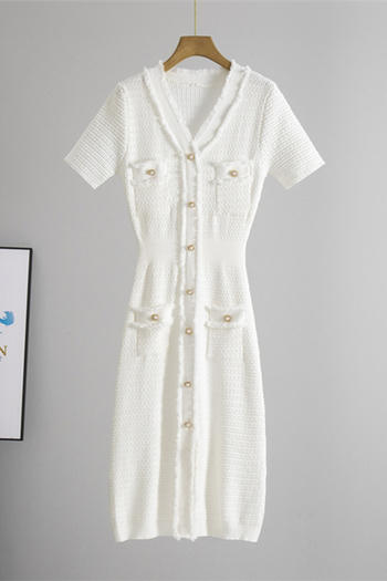 casual slight stretch slim fit single-breasted knitted short-sleeved midi dress