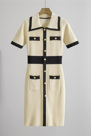casual slight stretch contrast color single-breasted knitted midi dress